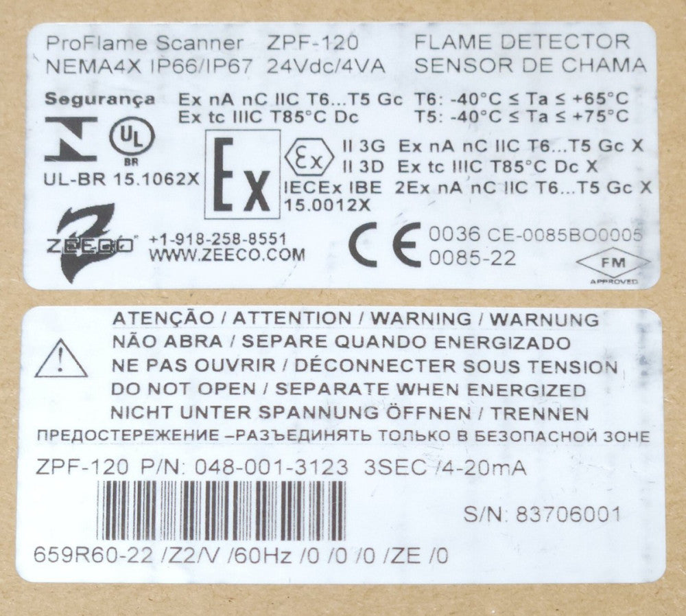 PROFLAME SCANNER ZPF 120 Flame Detector PRO FLAME 048 001 3123 3SEC 4-20mA ZPF