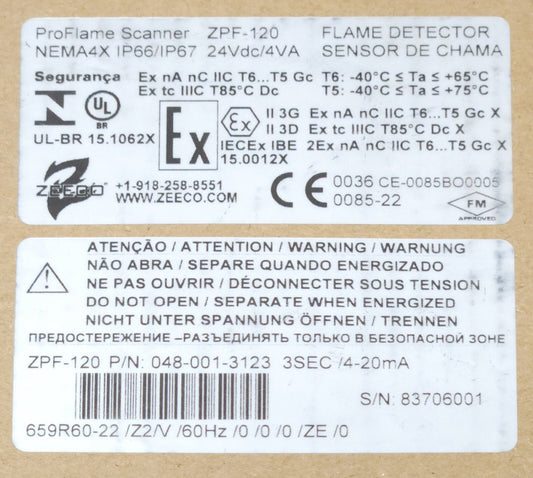 PROFLAME SCANNER ZPF 120 Flame Detector PRO FLAME 048 001 3123 3SEC 4-20mA ZPF