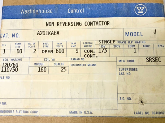 WESTINGHOUSE CUTLER HAMMER A201KABA 120 VAC Size 00 2 Pole Contactor 9 AMP