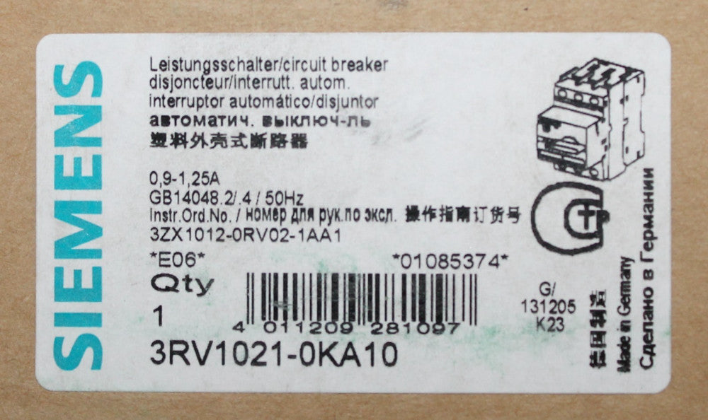 SIEMENS 3RV1021 0KA10 .9-1.25 Amp Manual Protector Circuit Breaker