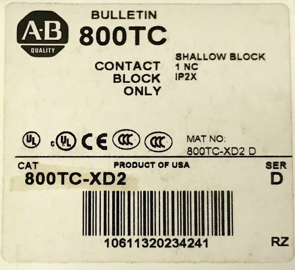 ALLEN BRADLEY 800TC-XD2 Pushbutton Contact Block 1 NC IP2X 800TC XD2