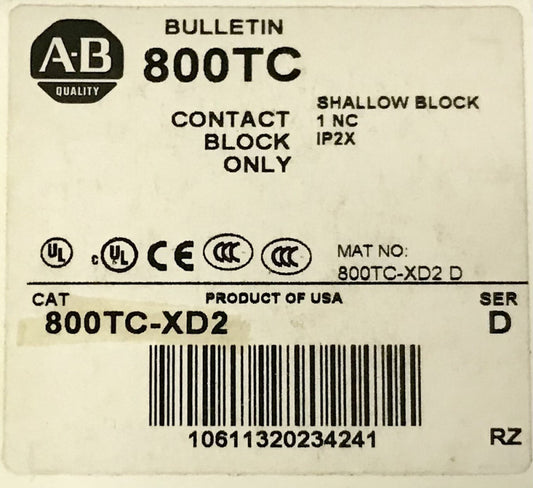 ALLEN BRADLEY 800TC-XD2 Pushbutton Contact Block 1 NC IP2X 800TC XD2