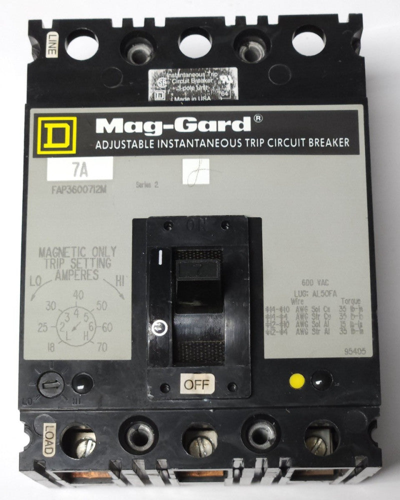 SQUARE D FAP3600712M 3 Pole 7 AMP MAG-GARD Circuit Breaker Motor Protector 18-70