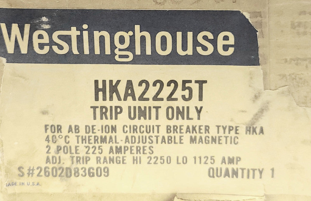 WESTINGHOUSE CUTLER HAMMER HKA2225T 2 Pole 225 AMP Type HKA KA TRIP Unit 2602D83
