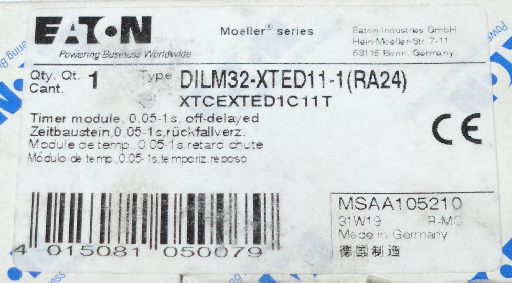 EATON MOELLER DILM32 XTED11 1 RA24 TIMER MODULE 0.05 to 1 Second XTCEXTED1C11T