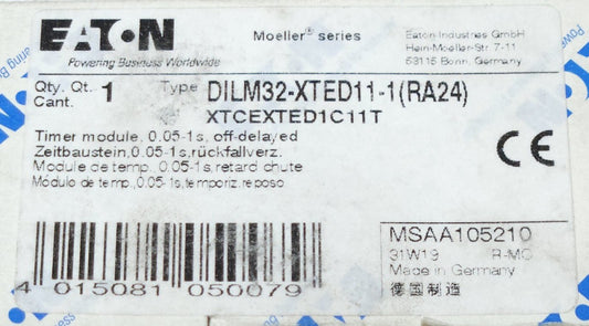 EATON MOELLER DILM32 XTED11 1 RA24 TIMER MODULE 0.05 to 1 Second XTCEXTED1C11T