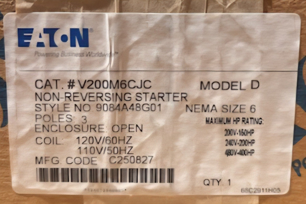 SEALED EATON CUTLER HAMMER V200M6CJC Size 6 V200 Vacuum Starter 120 VAC 150-400