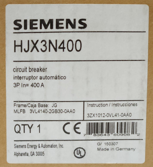 SIEMENS HJX3N400 3 Pole 400 Amp HJGA Frame JG Breaker
