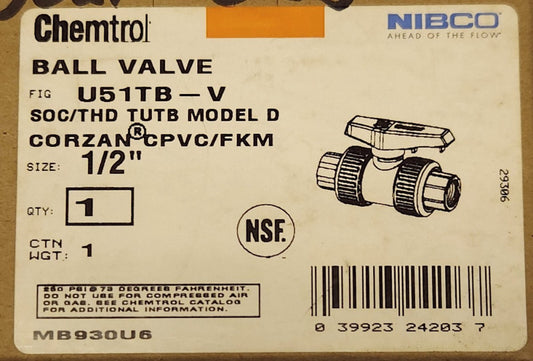 CHEMTROL NIBCO  U51TB V BALL VALVE CORZAN CPVC FKM Size 1/2" MB930U6
