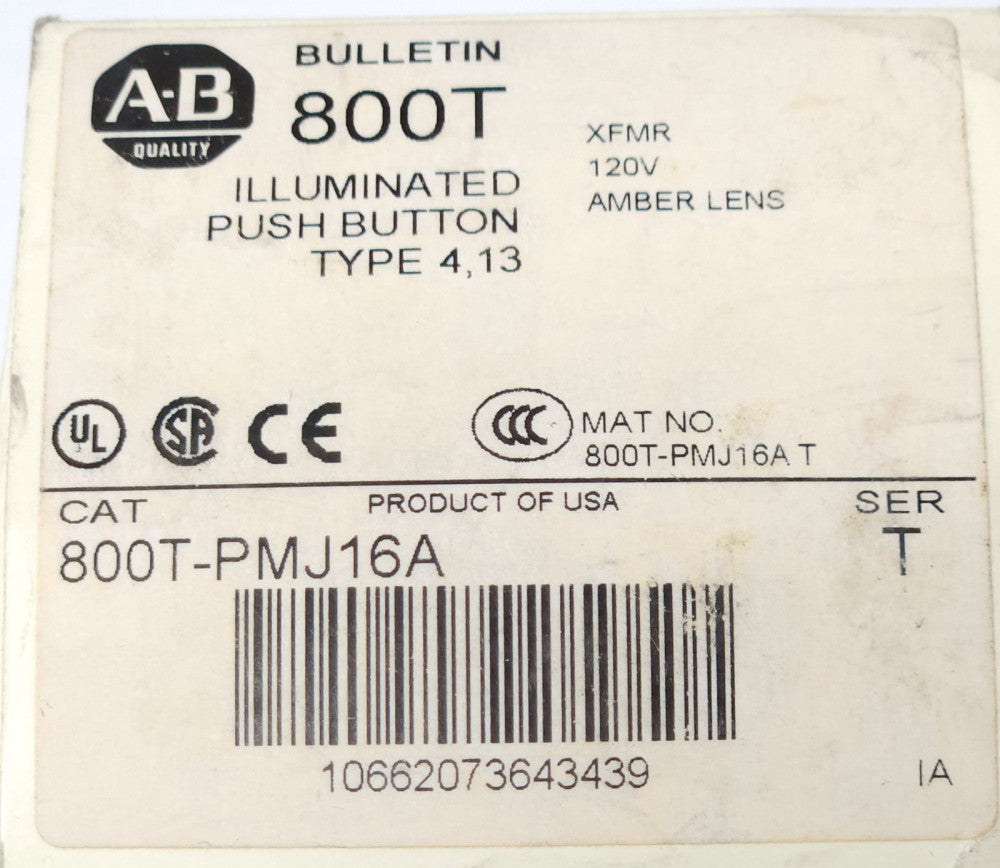 ALLEN BRADLEY 800T PMJ16A Illuminated Jumbo Amber Lens Mushroom Head Pushbutton