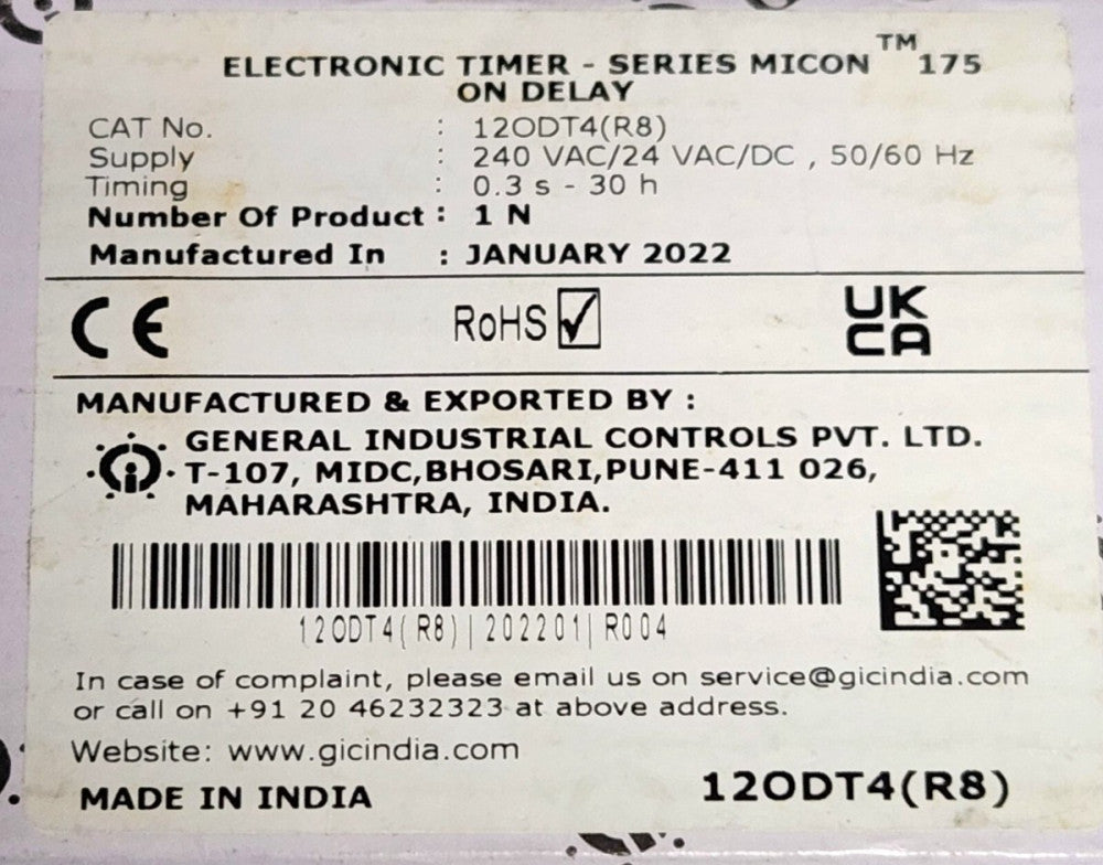 GIC 12ODT4 (R8) TIMING Relay Timer Module Electronic MICON 175 240 VAC