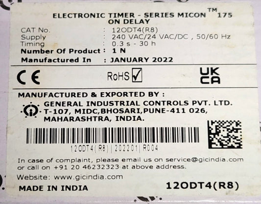 GIC 12ODT4 (R8) TIMING Relay Timer Module Electronic MICON 175 240 VAC