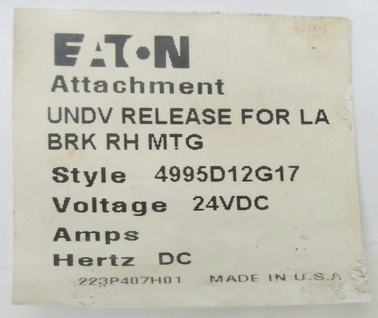 EATON CUTLER HAMMER WESTINGHOUSE 4995D12G17 Type LA HLA 24 VDC UVR Undervoltage