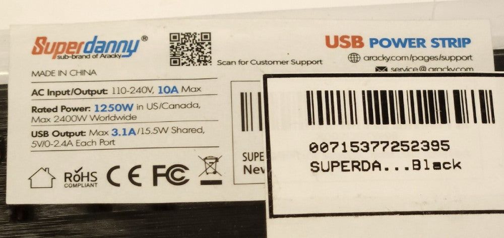 SEALED SUPERDANNY 900J 5 Outlet 3 USB Power Strip Surge Protector 110-240 VAC US