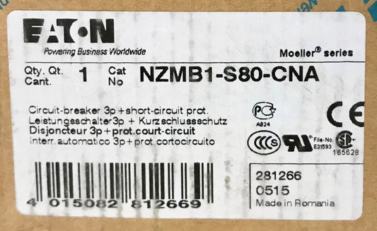 EATON MOELLER NZMB1 S80 CNA 3 Pole 80 AMP 690 VAC NZN 1 Circuit Breaker 