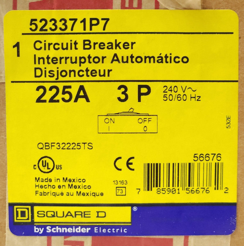 SQUARE D 523371P7 QBF3225TS 3 Pole 225 AMP Type QB 225 Circuit Breaker 240 Volt