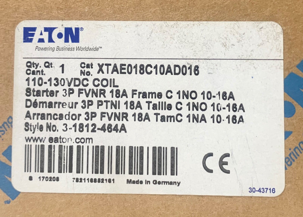 EATON XTAE018C10AD016 110-130 VDC FVNR Starter 10-16 AMP 18 AMP Frame