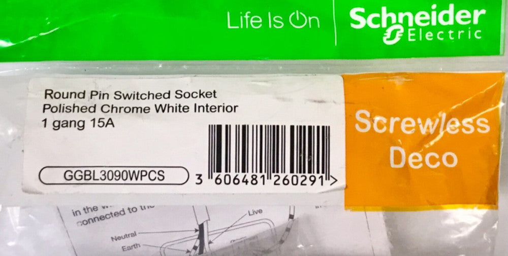 SCHNEIDER ELECTRIC LISSE GGBL3090WPCS Chrome Round PIN Switched Socket 17-08-29
