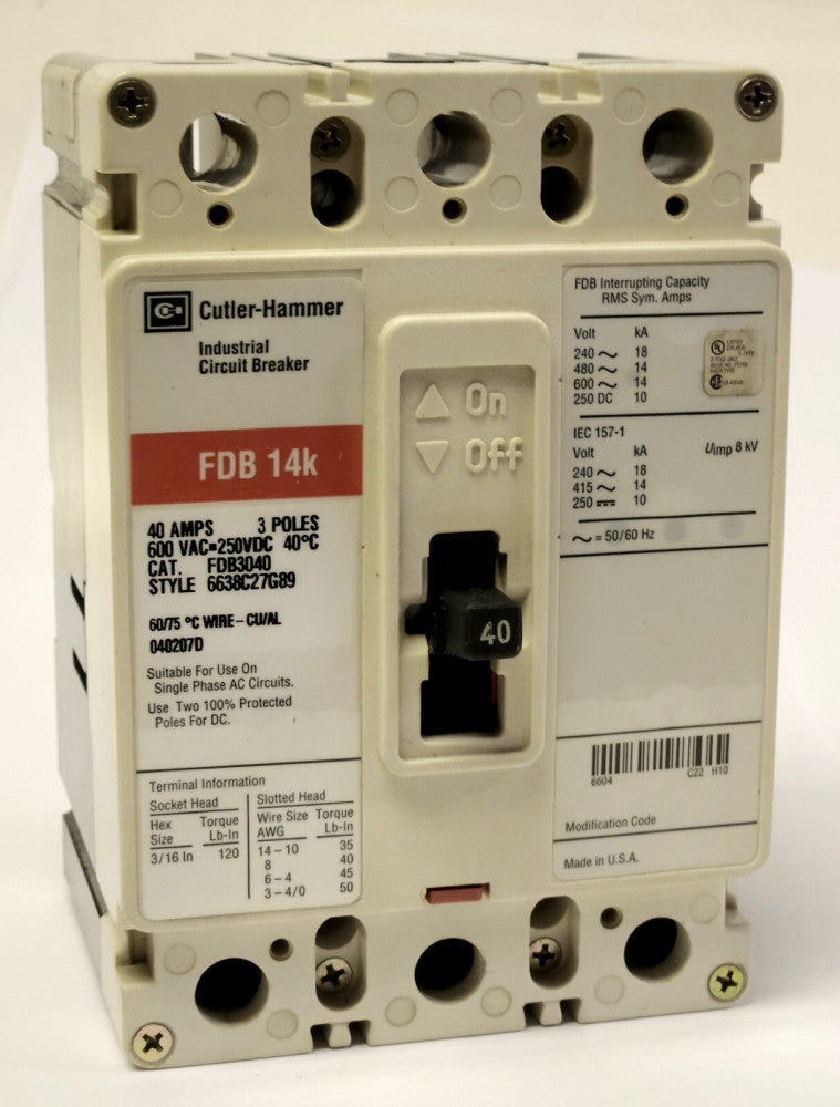 EATON CUTLER HAMMER FDB3040 3 Pole 40 AMP Type FDB Circuit Breaker