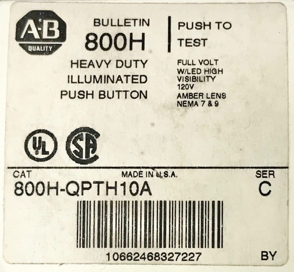 ALLEN BRADLEY 800H QPTH10A Heavy Duty 120 VAC Amber Push to Test Pushbutton