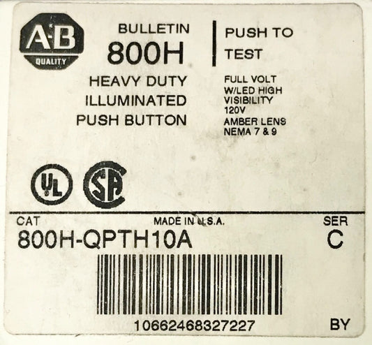 ALLEN BRADLEY 800H QPTH10A Heavy Duty 120 VAC Amber Push to Test Pushbutton