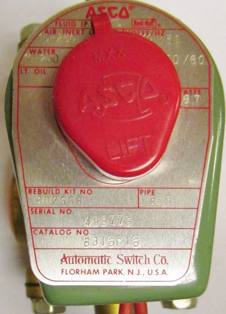 ASCO 8316C16 10-250 PSI 110/120V 3/8" Red Hat Solenoid Valve