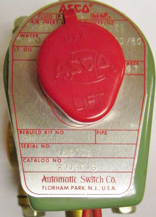 ASCO 8316C16 10-250 PSI 110/120V 3/8" Red Hat Solenoid Valve