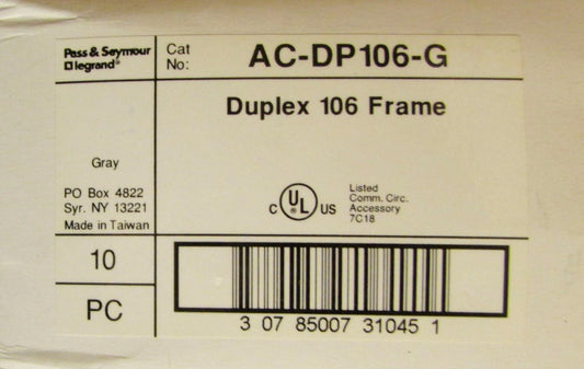 Box of 10 PASS & SEYMOUR LEGRAND AC DP106 G Duplex 106 Frame Keystone Faceplate