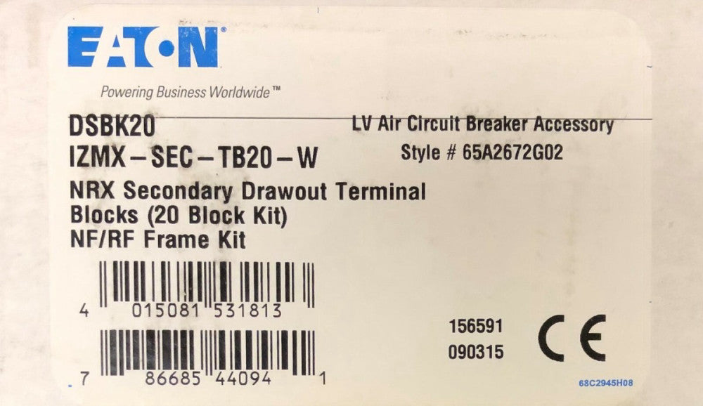 20) EATON DSBK20 IZMX SEC TB20 W NRX Secondary Drawout Terminal Block 65A2672G02