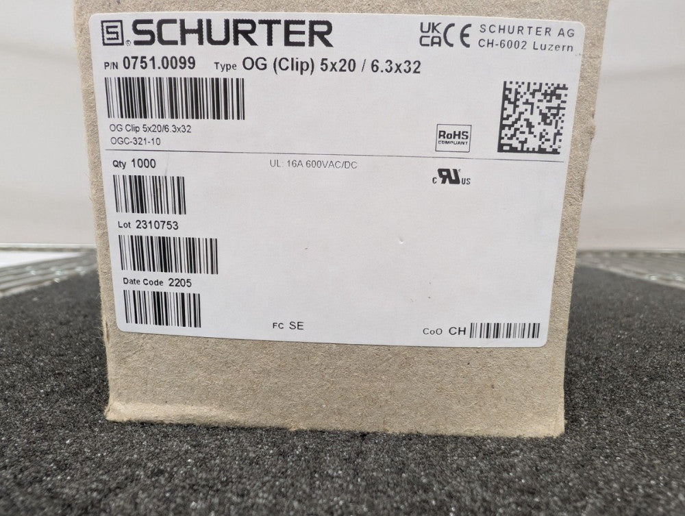 New, Schurter, 0751.0099, Fuse Clip 16A 600VDC/600VAC Through Hole - Lot of 500