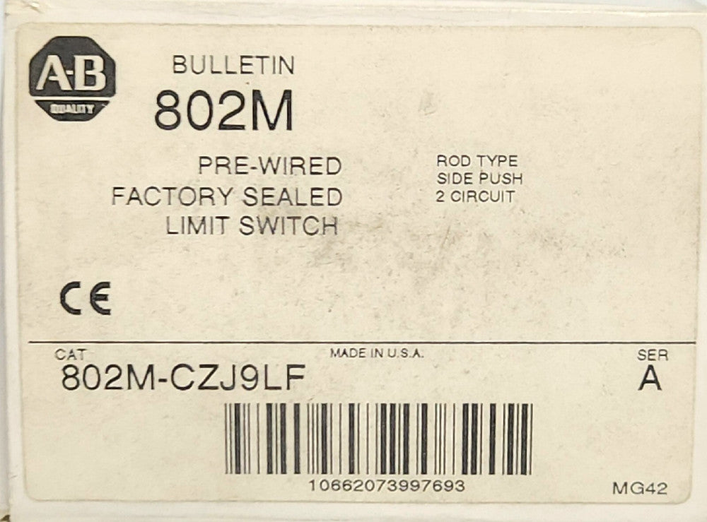 ALLEN BRADLEY 802M CZJ9LF Pre Wired Rod Type Side Push Limit Switch 2 Circuit