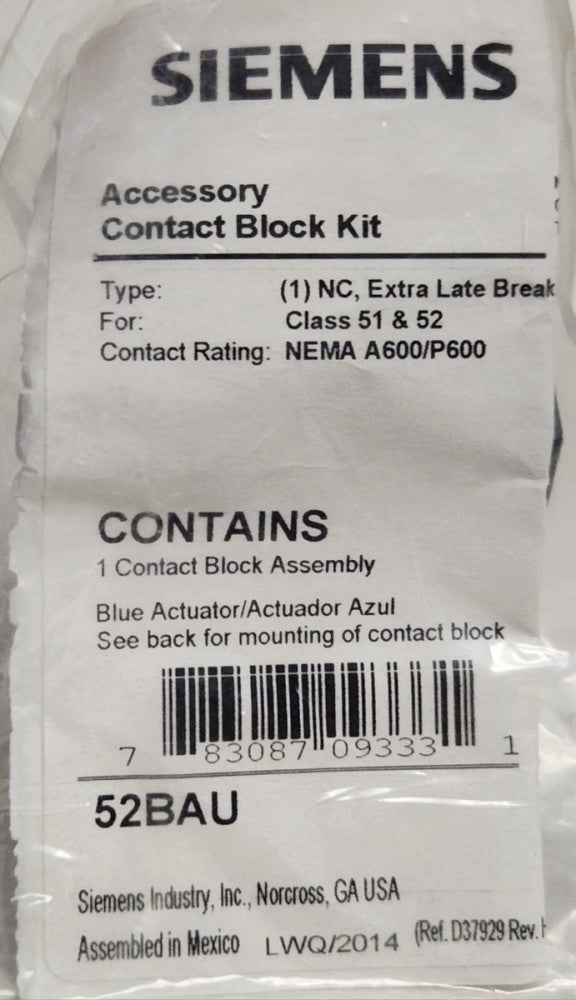 SIEMENS FURNAS 52BAU 1 NC Extra Late Break Pushbutton Contact Block