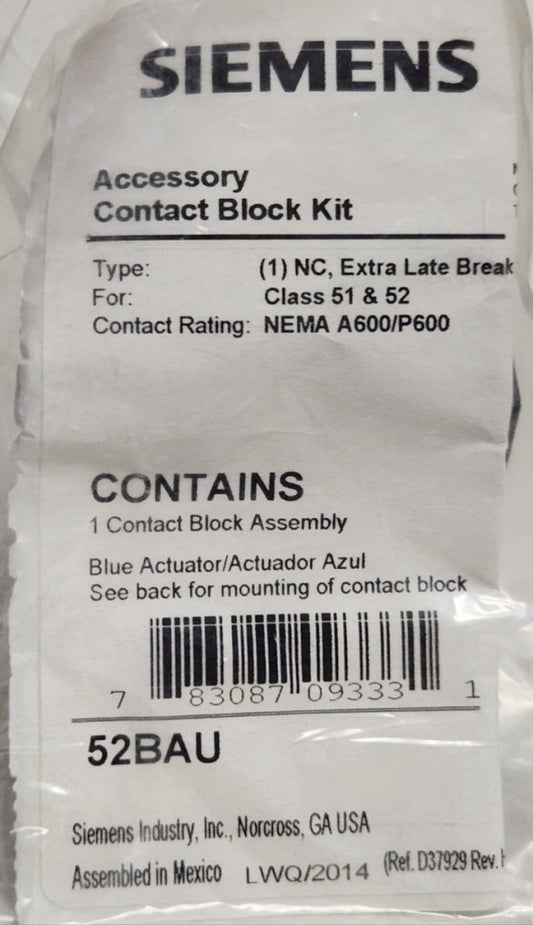 SIEMENS FURNAS 52BAU 1 NC Extra Late Break Pushbutton Contact Block