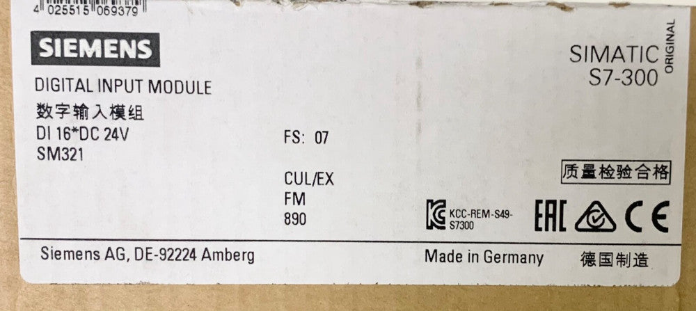 SIEMENS 6ES7 321 7BH01 0AB0 Simatic S7-300 DIGITAL INPUT MODULE DI 16 DC 24V