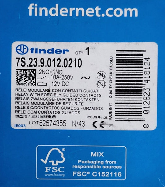 FINDER 7S 23 9 012 0210 Forcibly Guided Contact Relay Module 2 NO 1 NC 10 AMP