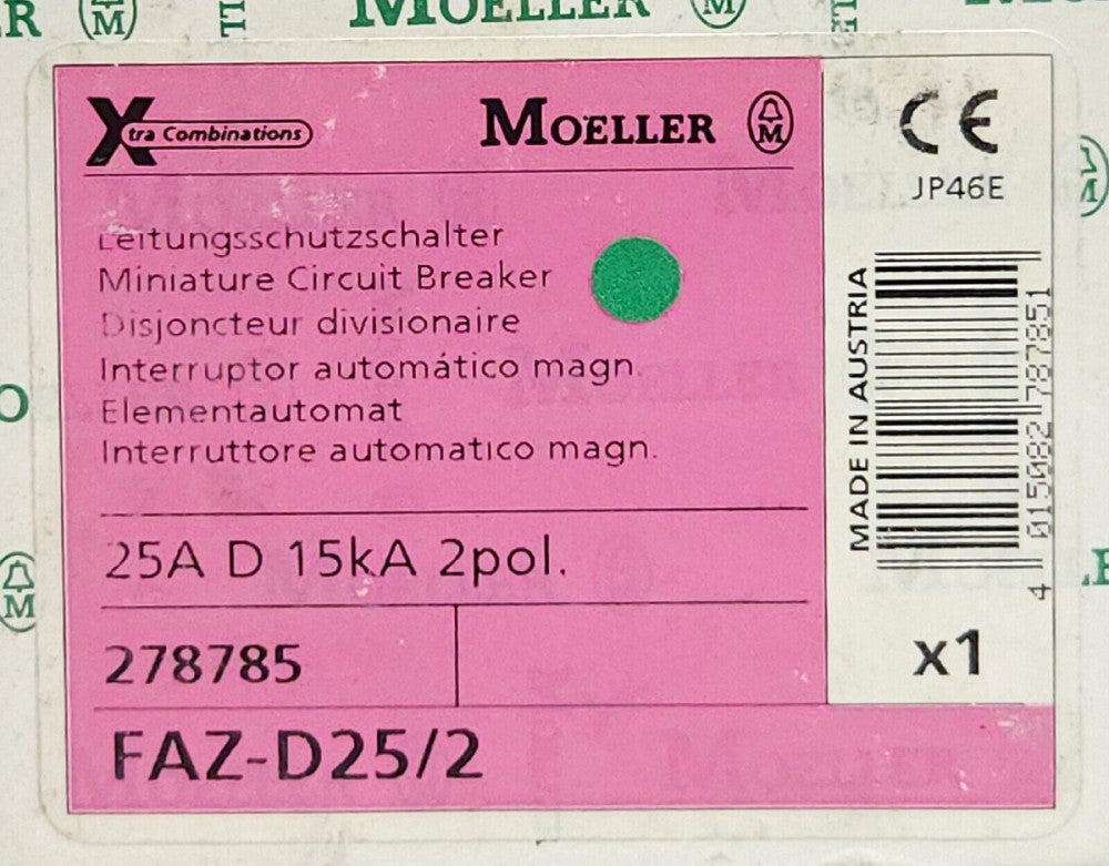 MOELLER FAZ-D25/2 2 Pole 25 AMP 277/480 VAC Miniature Circuit Breaker