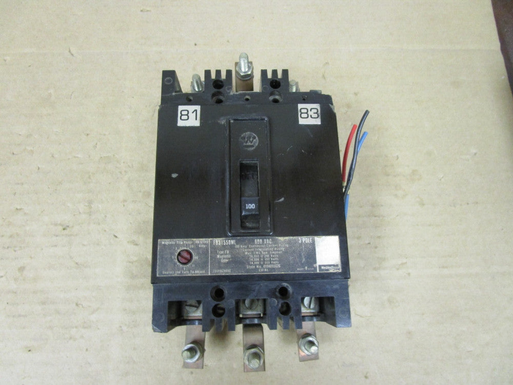WESTINGHOUSE AUX.  BREAKER FB31550ML 100A AMP 600Vac 3 POLE