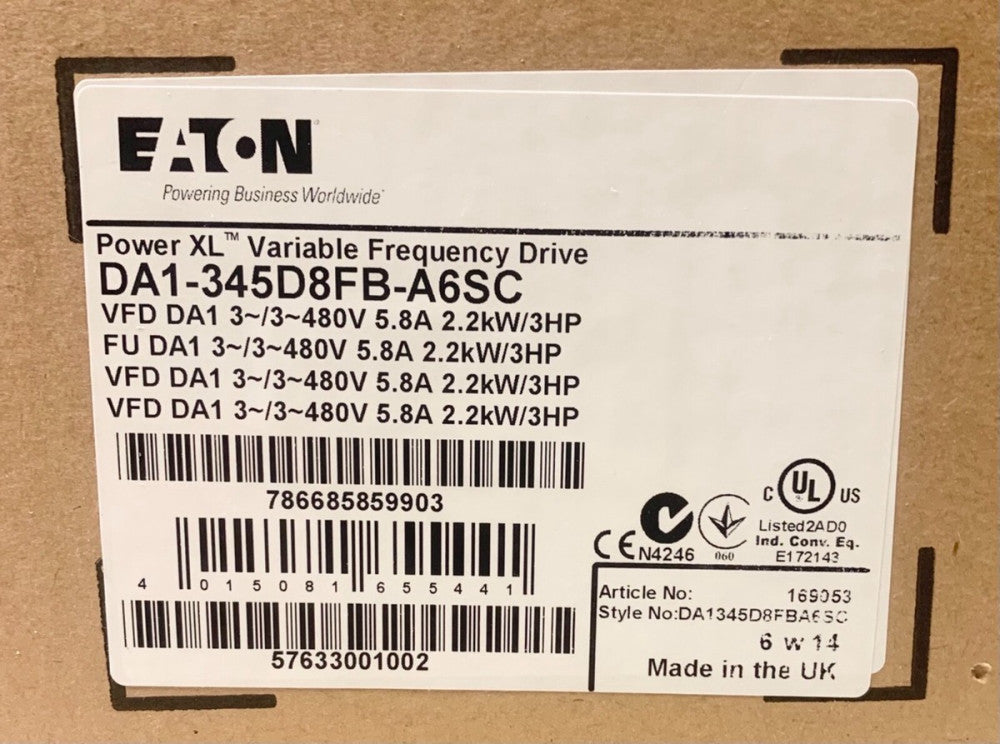EATON DA1 345D8FB A6SC Power XC Variable Frequency Drive VFD 3 HP 480 VAC DA1