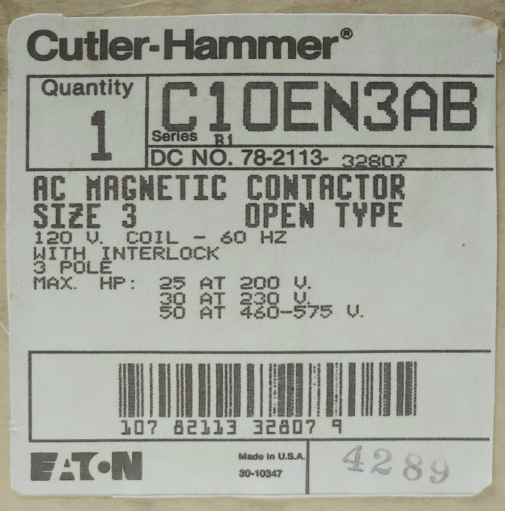 EATON CUTLER HAMMER C10EN3AB 3 Pole 120 VAC Size 3 C10EN3 Contactor 25-50 HP