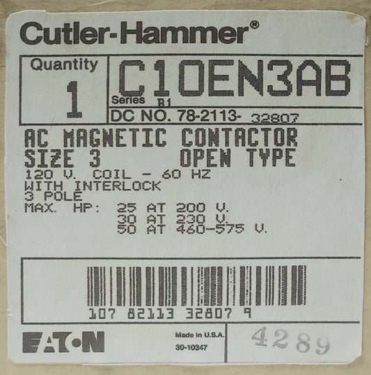 EATON CUTLER HAMMER C10EN3AB 3 Pole 120 VAC Size 3 C10EN3 Contactor 25-50 HP