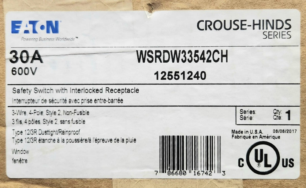 EATON CROUSE HINDS WSRDW33542CH 30 AMP 600 VAC Nema 12 3R Safety Switch 12551240