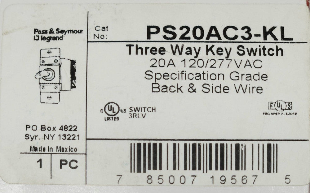 PASS & SEYMOUR LEGRAND PS20AC3 KL Three Way Key Switch 2 Position Maintained Key