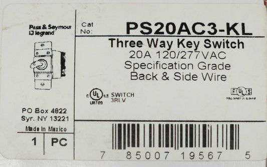 PASS & SEYMOUR LEGRAND PS20AC3 KL Three Way Key Switch 2 Position Maintained Key