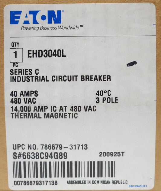 EATON CUTLER HAMMER EHD3040L 3 Pole 40 AMP Type EHD Circuit Breaker Line + Load