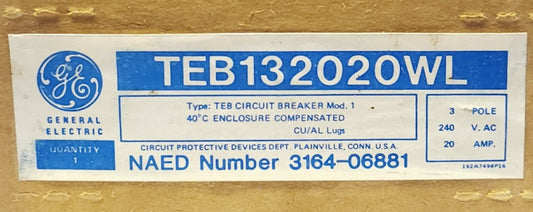 GENERAL ELECTRIC TEB132020WL 3 Pole 20 AMP TEB132020 W/ Lugs Type TEB Circuit
