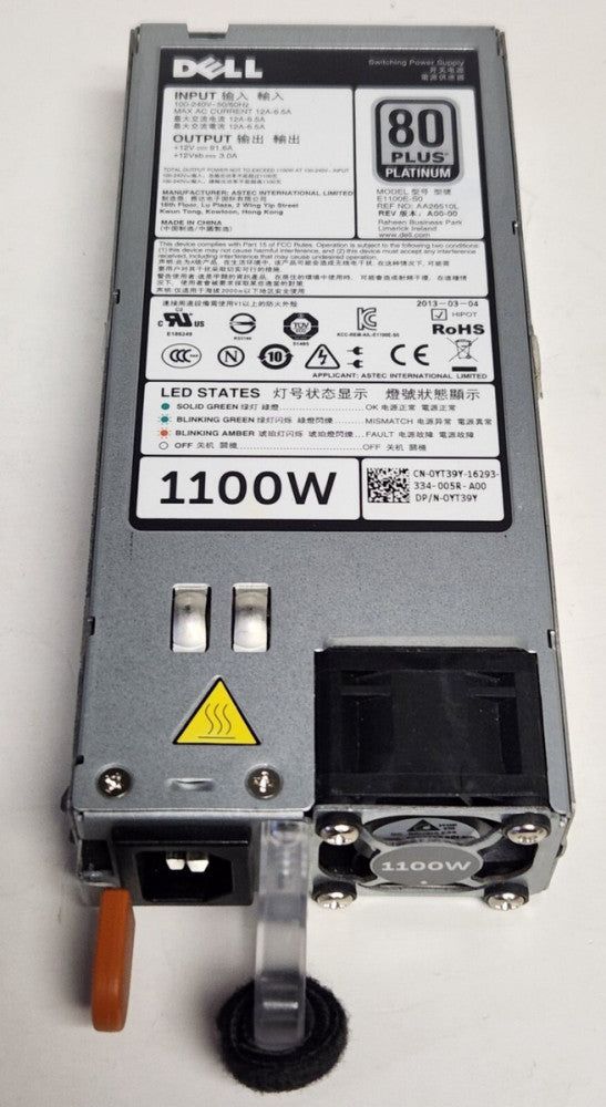 DELL Model E1100E S0 80 PLUS PLATINUM Power Supply 1100W Input 100-240 VAC