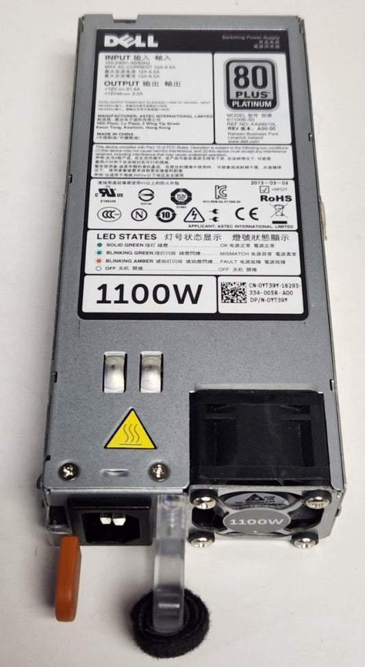 DELL Model E1100E S0 80 PLUS PLATINUM Power Supply 1100W Input 100-240 VAC