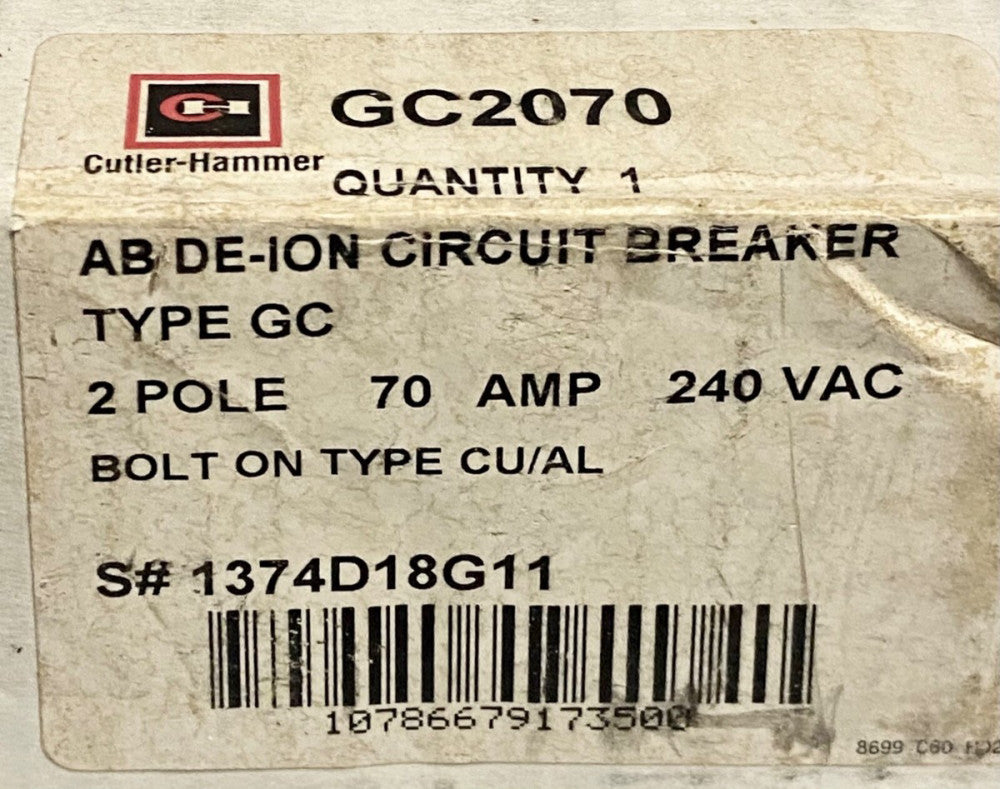 EATON CUTLER HAMMER GC2070 2 Pole 70 AMP Type GC Circuit Breker 240 VAC