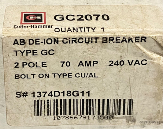EATON CUTLER HAMMER GC2070 2 Pole 70 AMP Type GC Circuit Breker 240 VAC