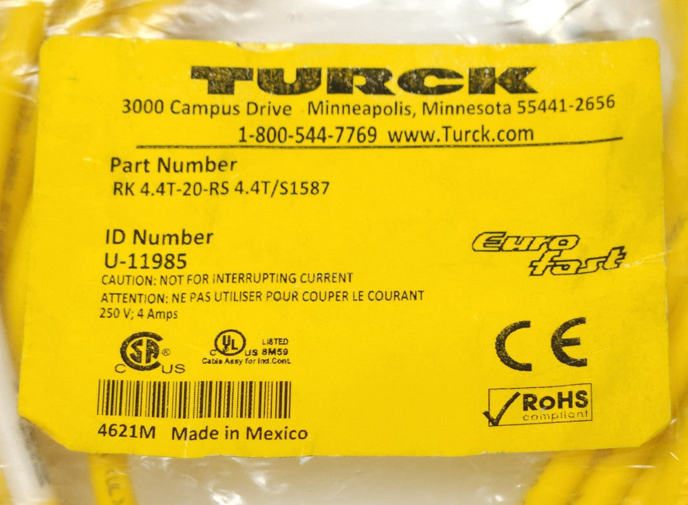 TURCK RK 4.4T 20 RS 4.4T S1587 Euro Fast Double Ended Cordset 4 Pin Male 5 Pin